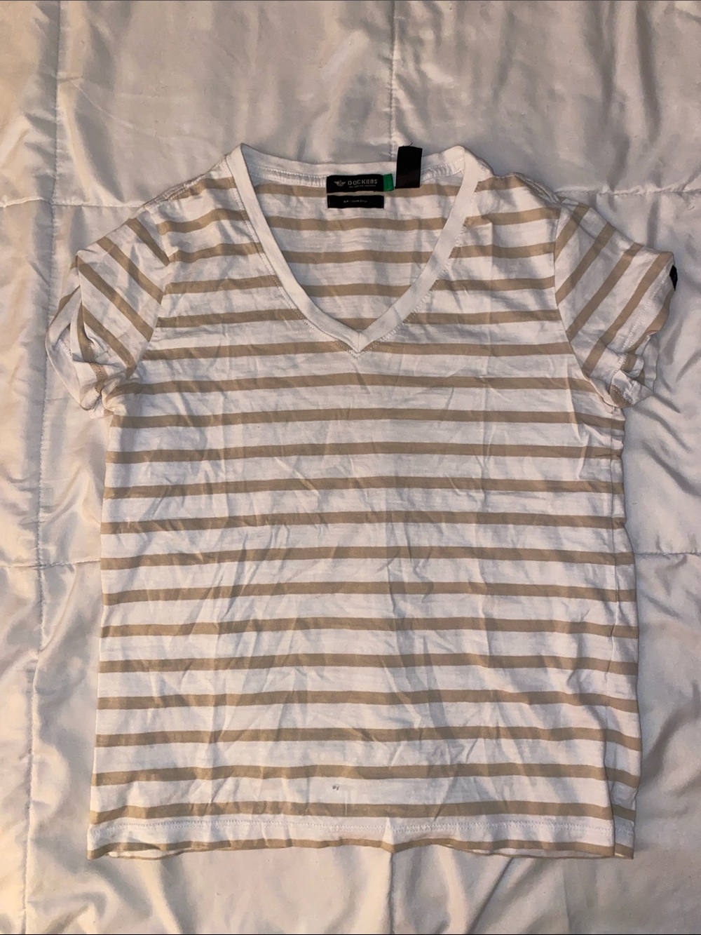 Dockers Women's White and Tan Striped V-Neck Tee